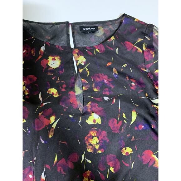Bebe Blouse Sz 8 Womens Sheer Whimsigoth Black Floral Crop Top Bell Sleeve Fairy - Picture 3 of 8